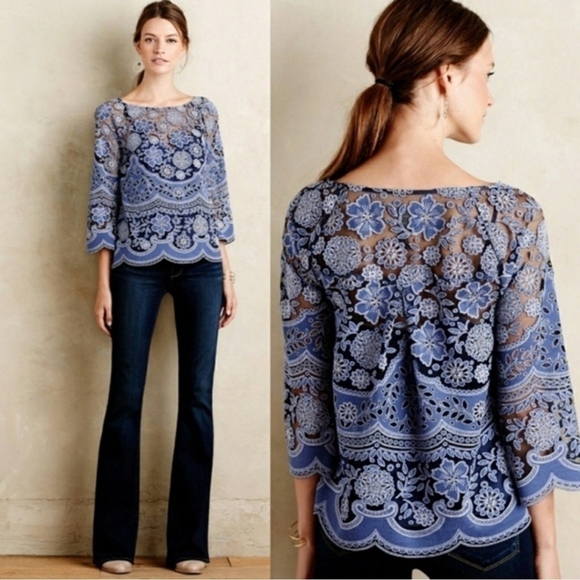 ANTHROPOLOGIE HD in Paris Montmartre Peasant Lace Boho Top - Picture 1 of 10